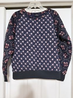 Michel Klein Navy Floral Patterned 100% Silk Quilted Top - Size Small