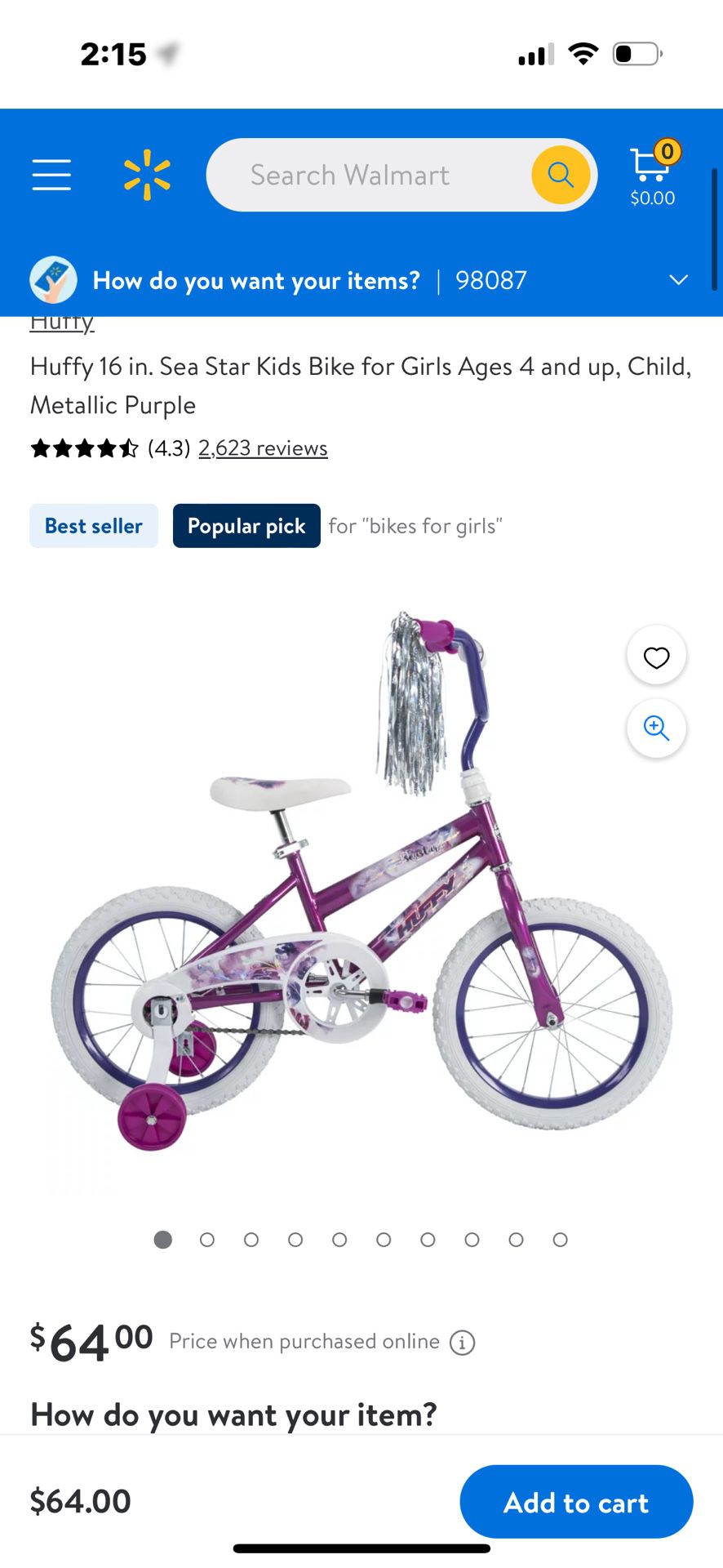 Huffy 16 in. Sea Star Kids Bike for Girls Ages 4 and up, Child, Metallic Purple