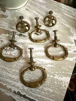 Vintage Brass Drawer Pulls and Knobs Unpolished - Set of 6 Ornate brass hardware set includes four oval drop ring pulls and two circular openwork fl