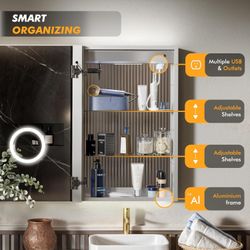 LED Lighted Medicine Cabinet .Clock & Temp, USB Outlets, Bathroom Defog Mirror Medicine Cabinet with Lights Recessed or Surface IP44 Aluminium Frame E