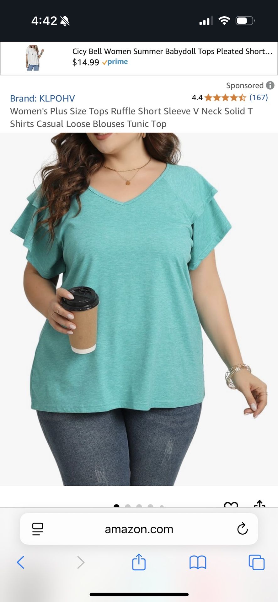 Women's Plus Size Tops Ruffle Short Sleeve V Neck Solid T Shirts Casual Loose Blouses Tunic Top