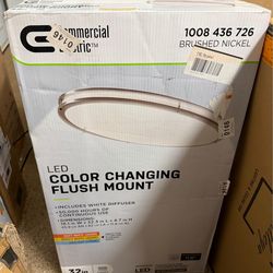 Commercial Electric 32-inch integrated LED color-changing flush mount light fixture with a brushed nickel finish.