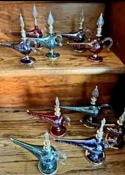 Egyptian hand-blown glass perfume bottles crafted in the shape of classic Aladdin-style 
Set of 10
