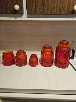 Vintage L.E. Smith Amberina "Moon and Star" Glass Canister Set (5 Pcs)