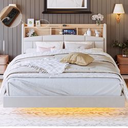 ANCTOR Floating Full Bed Frame with Charging Station, Tall Bookcase Headboard, Solid Wood Slats Support, No Box Spring Needed, Easy to Assemble