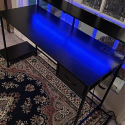 Gaming Desk with LED Lights, Power Outlet & Drawer