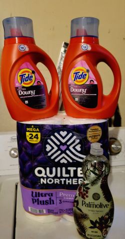 2 TIDE ULTRA DOWNY (26 Loads/37 fl oz), Quilted Northern 6 Mega=24 Ultra Plush (3-ply), &  Palmolive White Spruce Scent (28oz) For $23