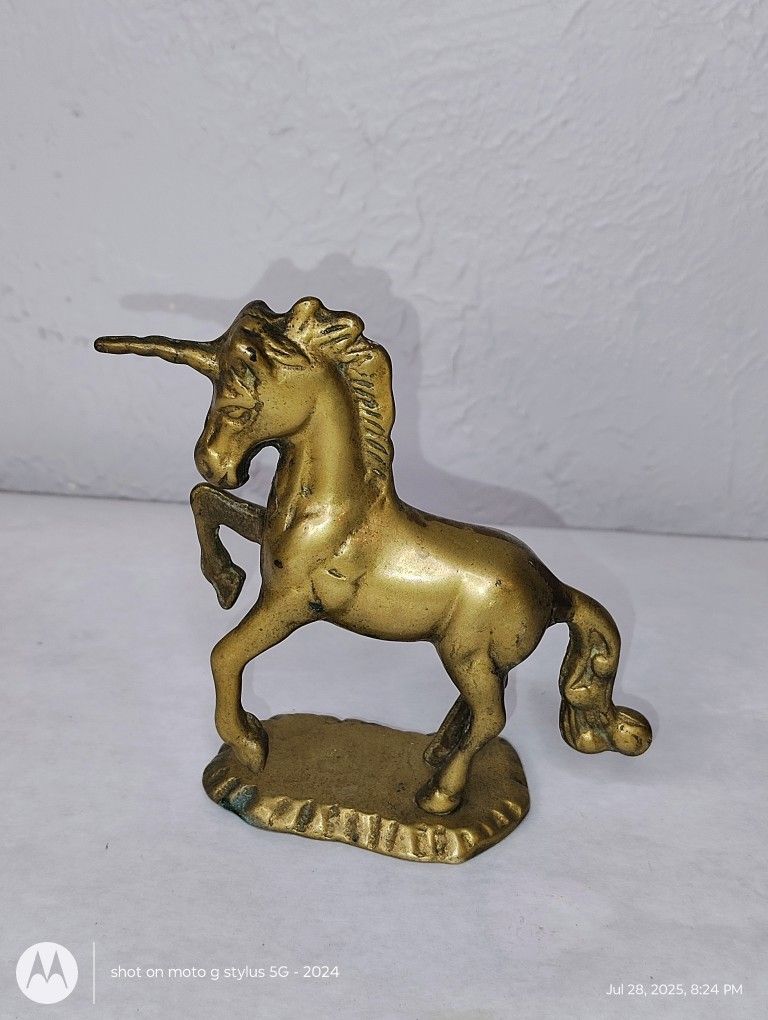 Vintage 70's Solid Brass Unicorn Sculpture Rearing Horse Figurine Statue Figure