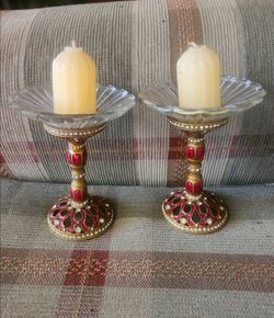 Vintage Mark Roberts Burgundy Enameled Rhinestone Metal Candle Holder 5.4"Height