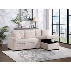 BEIGE / CREAM FABRIC SECTIONAL SOFA STORAGE REVERSIBLE CHAISE PULL-OUT BED - SILLON CAMA