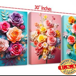 3 Pcs Flowers Wall Art Canvas Home Decor For Bathroom, Laundry, Guest, Restroom