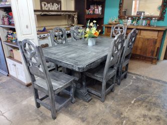 Rustic Reclaimed Wood Dining Table with 6 Star-Back Chairs