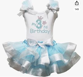 Petitebella Rhinestone My 3rd Birthday White Shirt Blue Silver Petal Skirt Outfit