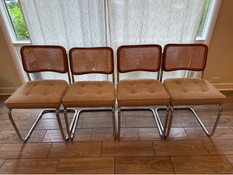 Set of 4 Vintage Cesca-Style Cantilever Dining Chairs | Chrome + Cane + Tufted Fabric