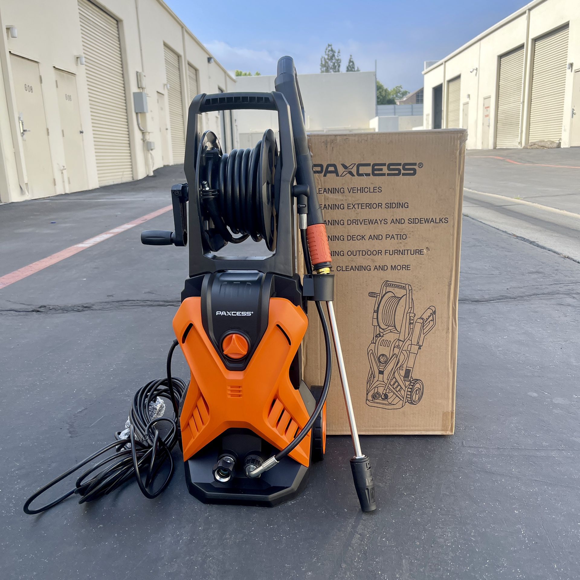 PAXCESS Electric Power Washer with Adjustable Spray Nozzle, Hose Real, and Wheels for Cleaning Cars, Patios, Decks, and Driveways