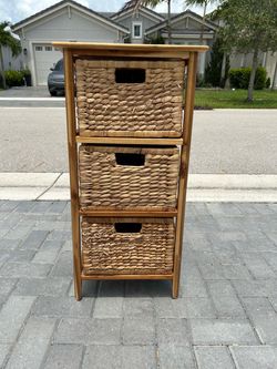 3-Drawer Wood Storage Tower with Woven Baskets