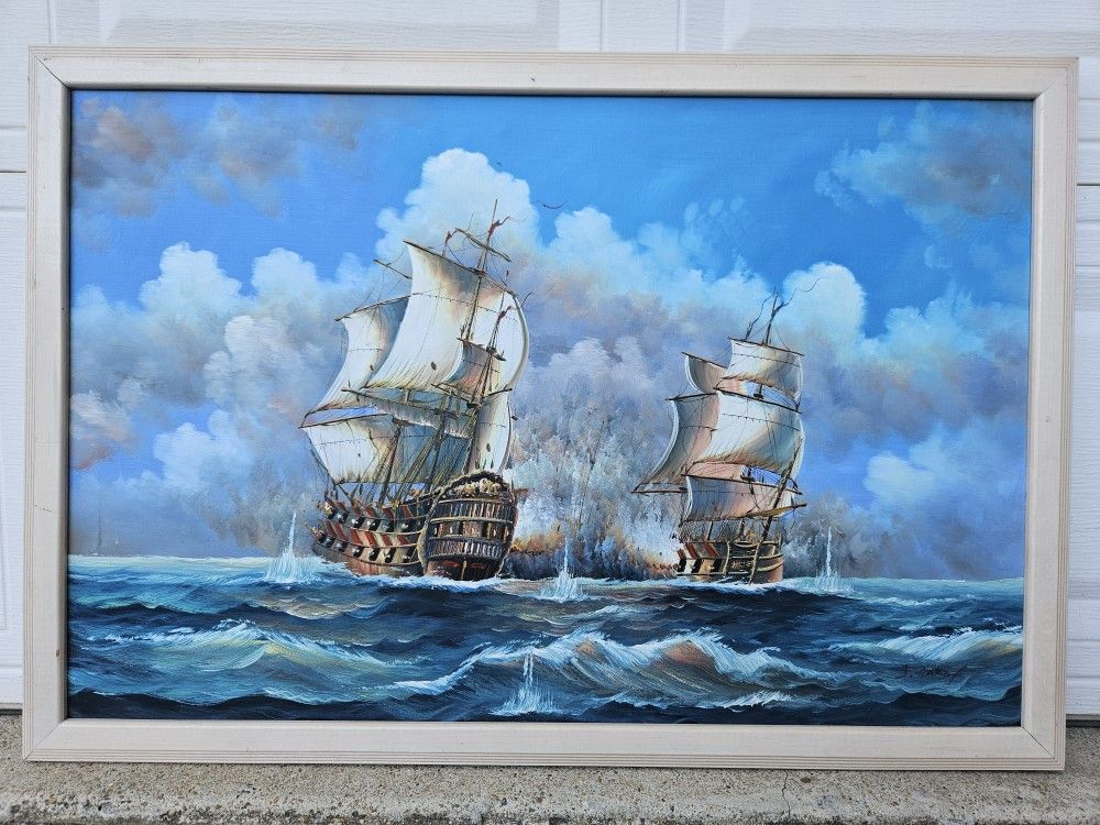 J. Harvey Oil on Canvas Painting Battle at Sea Nautical Ships