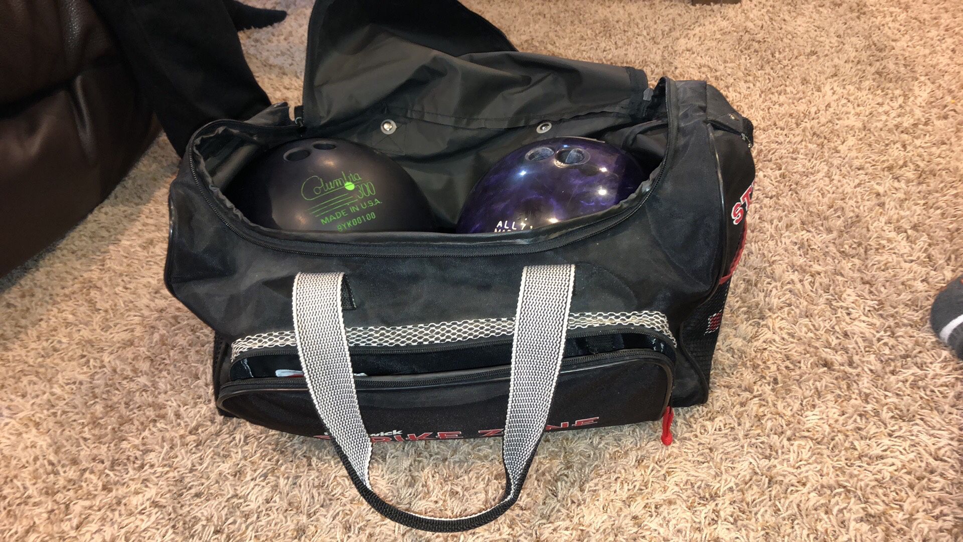 Bowling balls and bag