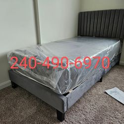 Same Day Delivery Setup Service Available Gray Velvet Twin Size Platform Bed Frame With Twin Size Mattress Package Special