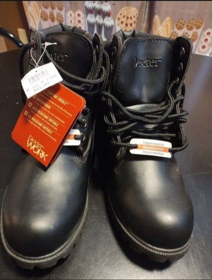 New Men's Dexter Work Skid Resistant Waterproof Black Boots Size 7.5 Wide