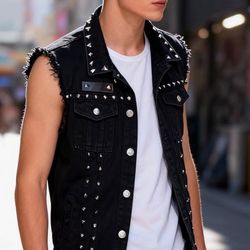 XL Men's Punk Denim Vest Sleeveless Jean Jackets With Rivets