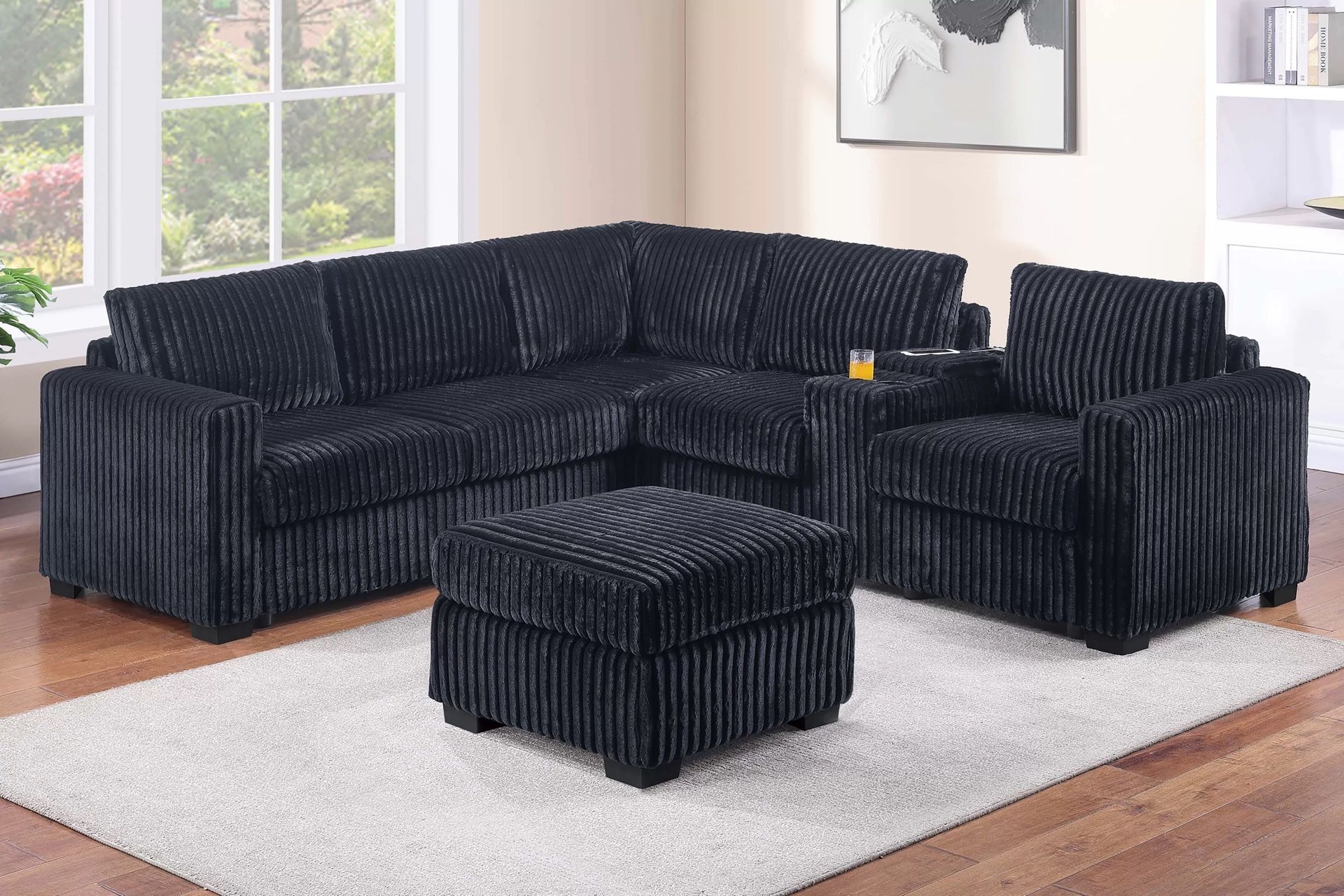 BLACK OR BROWN FUR LIKE CORDUROY SECTIONAL WITH OTTOMAN