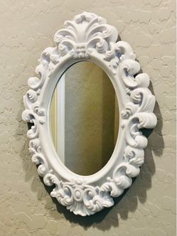 Adorable Small White Oval Wall Mirror. Durable Plastic Frame. 13” T x 10” W