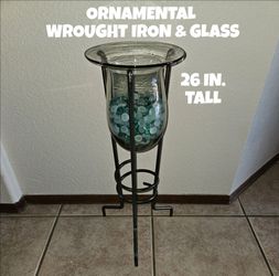 HEAVY, WROUGHT IRON & GLASS DECORATION