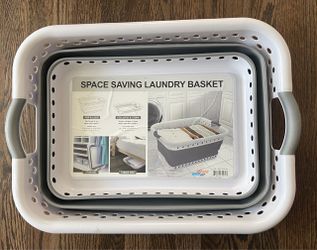 Collapsible Laundry Basket, Large, White/Gray - Pop Open Waterproof Plastic Bin with Handles