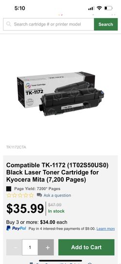 Compatible TK-1172 (1T02S50US0) Black Laser Toner Cartridge for Kyocera Mita (7,200 Pages