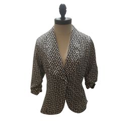 Beyove Black White Geometric Open Front Collared Mid-Length Jacket M