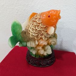 Asian Art Money Gold Fish Resine Orange & Green Statue Figurine  w/ Stand 8 in  Rare Collectible 