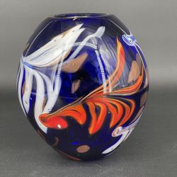 Murano Art Glass Sculptural Cobalt Blue, White and Gold Colored Vase