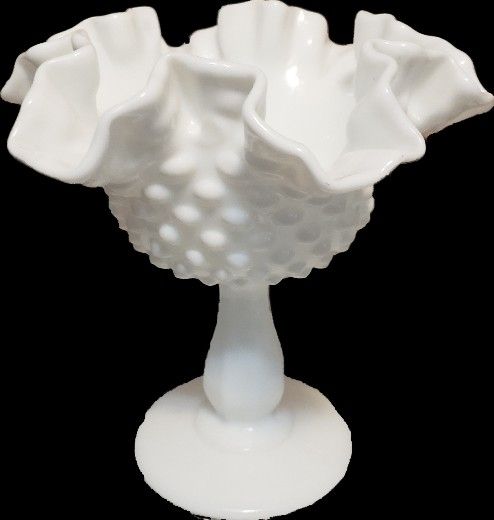 Vintage Fenton Hobnail White Milk Glass Ruffled Pedestal Bowl/Candy Dish 6". 