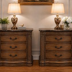 Pair Of XXL Night Stands/Gentleman’s Chests - Solid Wood + Marble Tops