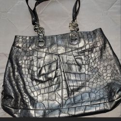 Coach Ashley Metallic Silver Croc-Embossed Leather Carryall Tote