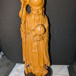 Vintage Chinese Hand Carved Wooden Figurine of Shou Xing Chinese God of Longevity