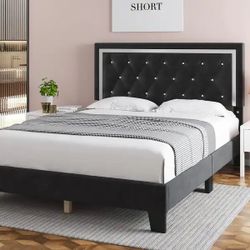 Black Velvet Diamond Tufted Upholstered Queen Size Bed Frame