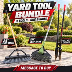 Yard Tool Bundle – Broom, Rake & Post Hole Digger