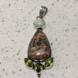 Sterling Silver Leopard Skin Jasper Pendant w/ Rainbow Moonstone + some Peridot
