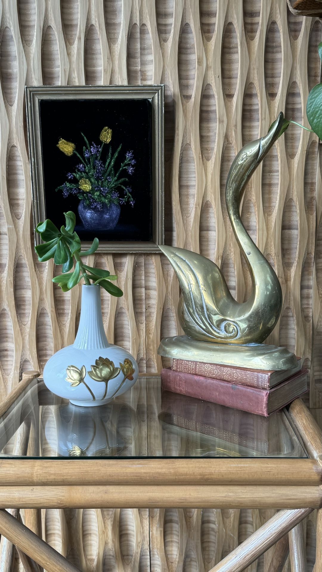 Vintage Hand Painted Black Velvet Floral Gold Wood Frame Purple Green Yellow Tulip Iris MCM Boho