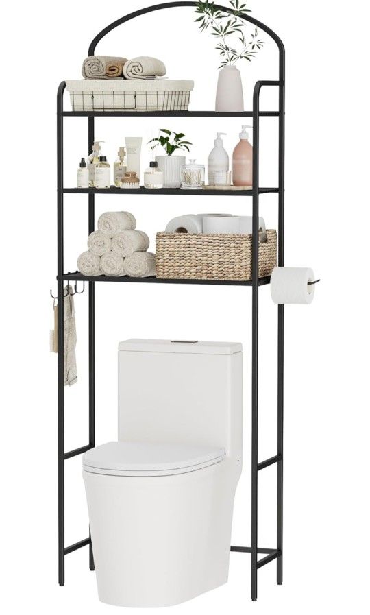 3-Tier Over The Toilet Storage, Bathroom Organizer, Space-Saving, Above Toilet Storage Rack with 4 Hooks and Paper Holder, Metal Shelf, Black