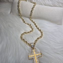 24" Men's Chain Necklace And Cross Charm 100$ 14K Gold Laminated Non Tarnish High Quality 
