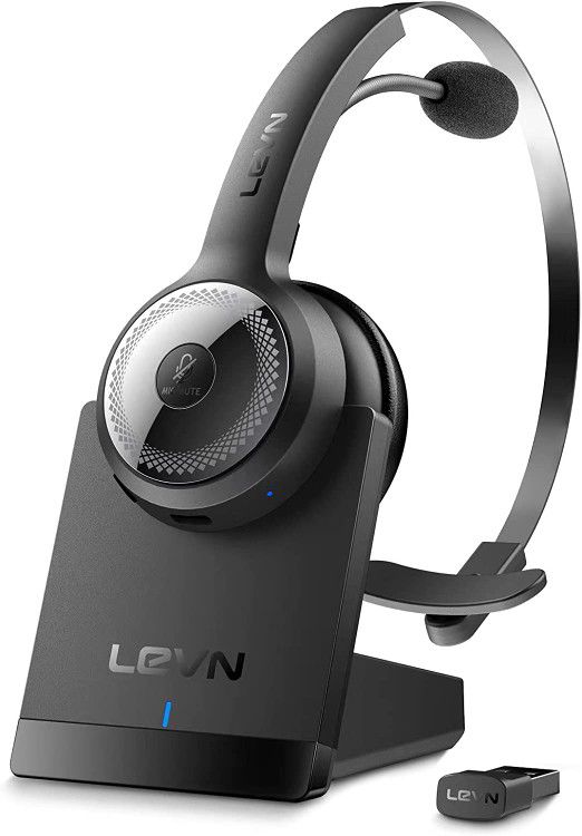 LEVN Bluetooth 5.0 Headset, Wireless Headset with Microphone (AI Noise Cancelling), 35Hrs Bluetooth Headphones with USB Dongle for PC, Suitable for Re
