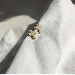 Ya Malani 14K Gold Plated Cross Stainless Steel Cute Dainty Mini Tiny Small Stud Earrings