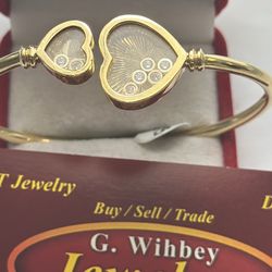 14 Kt, Genuine Gold, Heart Shaped Bangle Bracelet With C.Z. Gems 