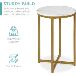 16in Side Table, Faux Marble Round End Table, Modern Small Accent Home Decor for Living Room, Dining Room, Tea, Coffee w/Metal Frame, Foot Caps, Desig