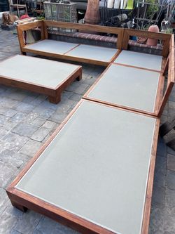 Ventana Teak Outdoor Teak Low profile sofa set with coffee tables and cushions (light gray) All pieces are by ventana teak Located in concord Recen
