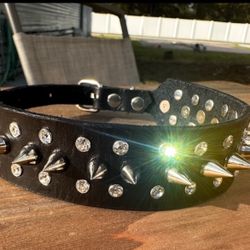 Leather Spikes And Sparkles Dog Collar For Small Dog 11.5 - 13.5 Inches