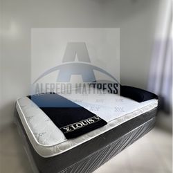 Queen mattress pillow top set with box spring (2pc - new) 